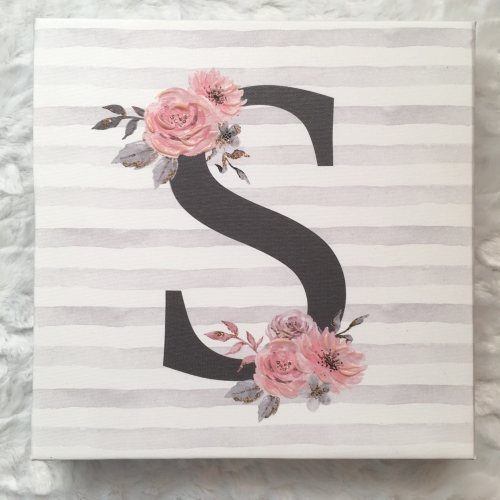 MONOGRAM S LETTER FLORAL STRIPED CANVAS WALL ART